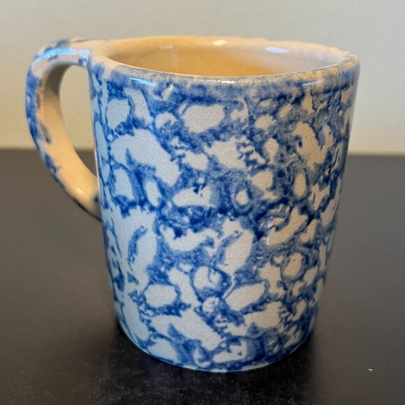 Vtg Roseville, Ohio Pottery R.R.P. Co USA Blue Spongeware Heavy Earthenware Mug - Picture 2 of 13